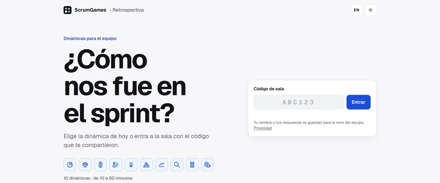 La portada de ScrumGames: la pregunta «¿Cómo nos fue en el sprint?», una fila con los íconos de los 10 juegos y el campo para entrar con el código de sala.